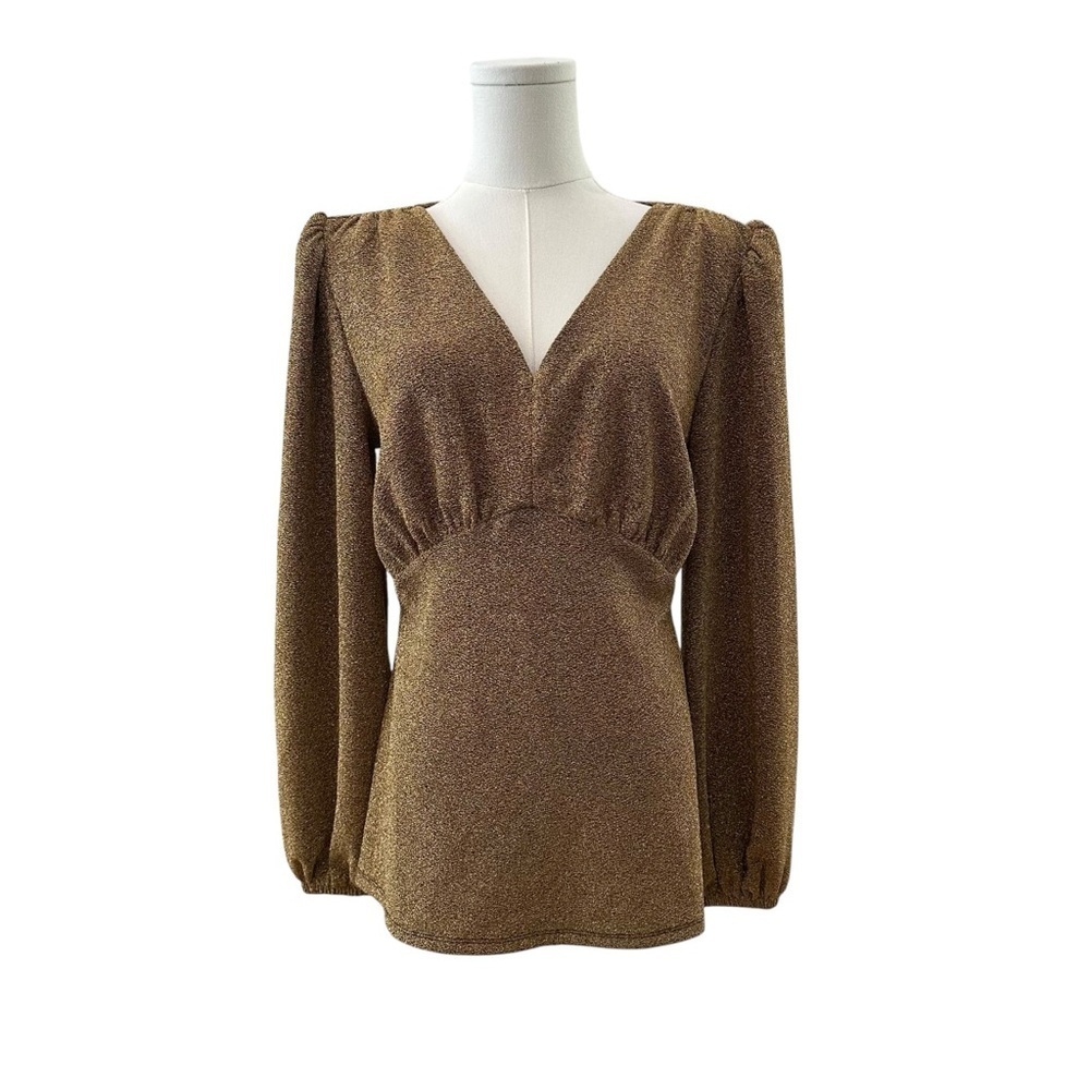 Women's Small Fitted Metallic Gold Shimmer Party Cocktail Puff Shoulder Top